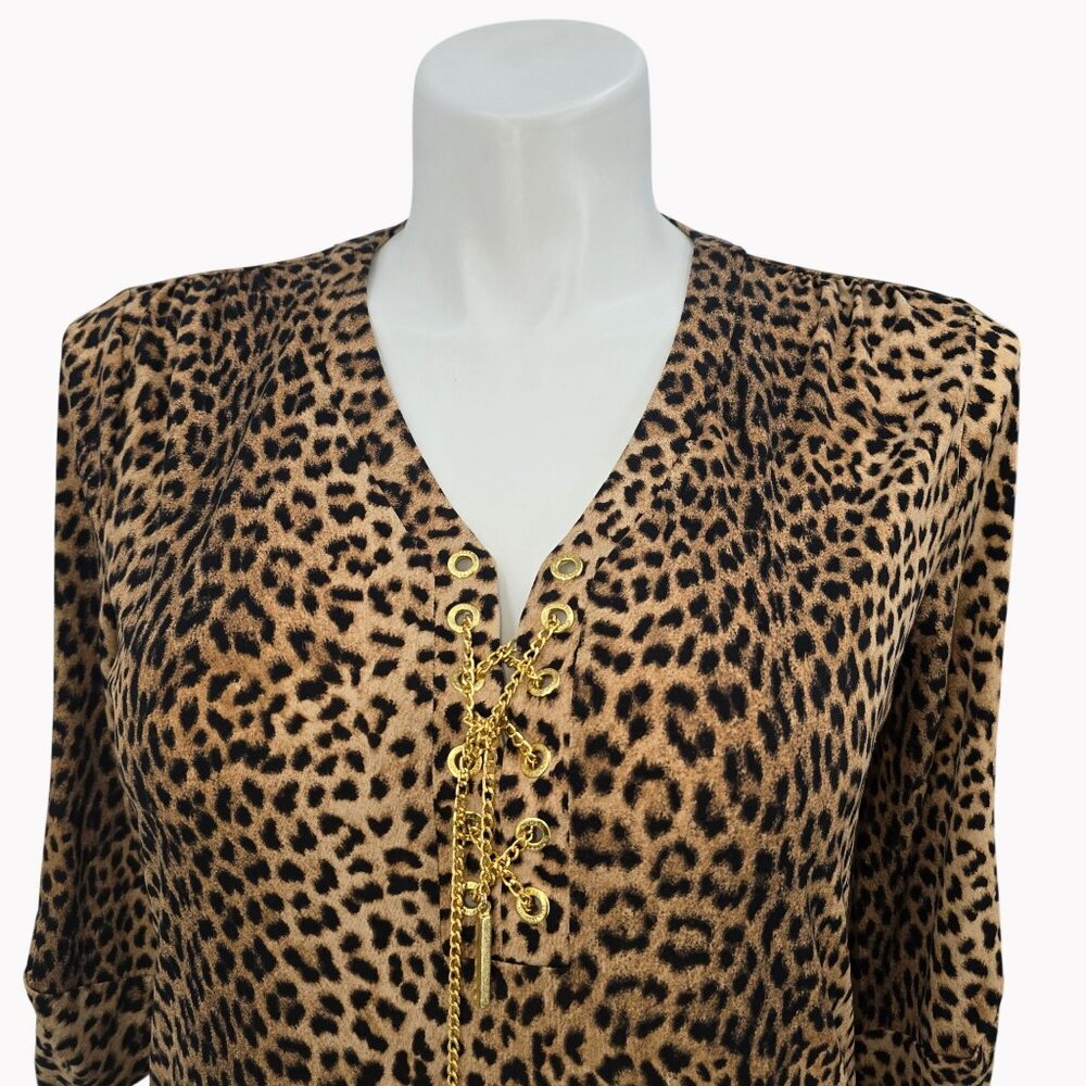 Michael Kors Sz 10 Leopard Print Slinky Stretch Dress Gold Chain Lace Up Detail - Picture 2 of 9